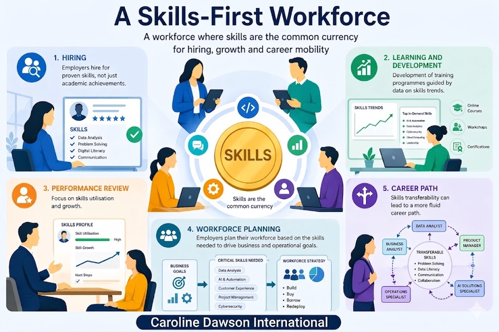 A Skills-First Workforce infographic by Caroline Dawson International