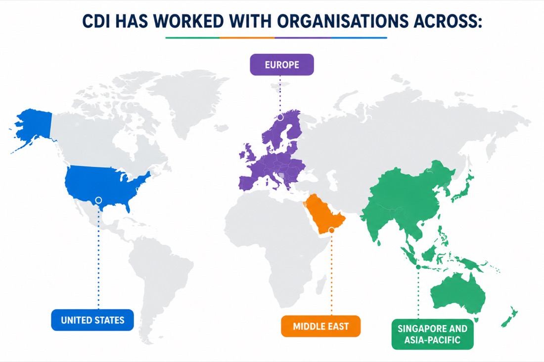 World map showing CDI's presence in the United States, Europe, Middle East, and Asia-Pacific